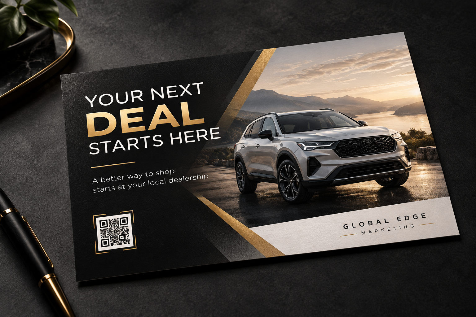 Sample Global Edge Marketing direct-mail postcard featuring a vehicle and campaign response code